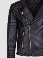 Women's Black Quilted Leather Biker Jacket - Image 2