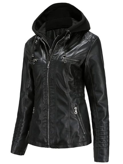 Womens Black Leather Jacket with Removable Hood New