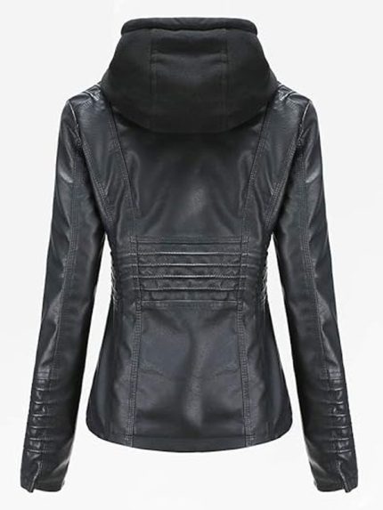 Womens Black Leather Jacket with Removable Hood