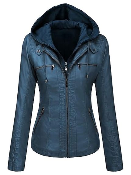 Womens Blue Leather Hooded Jacket New