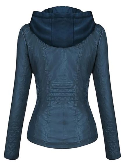 Womens Blue Leather Hooded Jacket