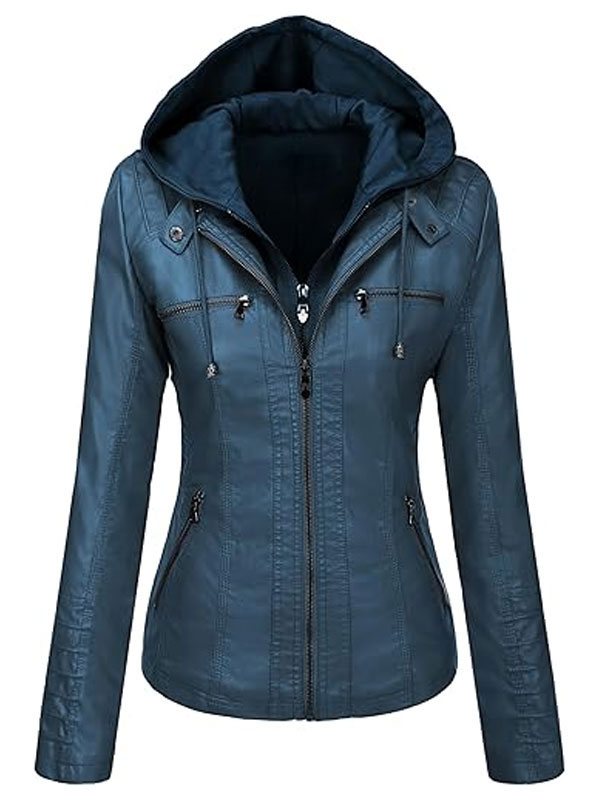 Womens Blue Leather Hooded Jacket Womens Blue Leather Hooded Jacket New