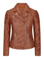 New Womens Cafe Racer Biker Tan Brown Leather Jacket