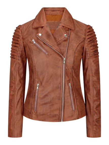 New Womens Cafe Racer Biker Tan Brown Leather Jacket