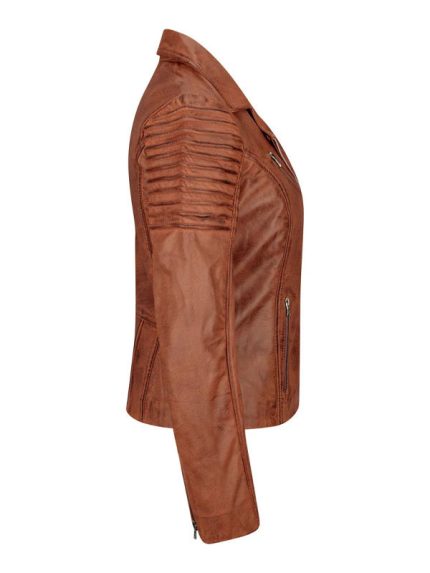 Womens Cafe Racer Biker Tan Brown Leather Jacket