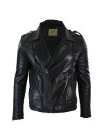 Men's Cross Zip Biker Jacket Black Leather Urban