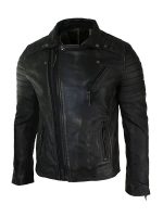 Men's Distressed Zipper Quilted Biker Leather Jacket - Image 7