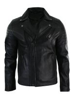 Men's Distressed Zipper Quilted Biker Leather Jacket - Image 2