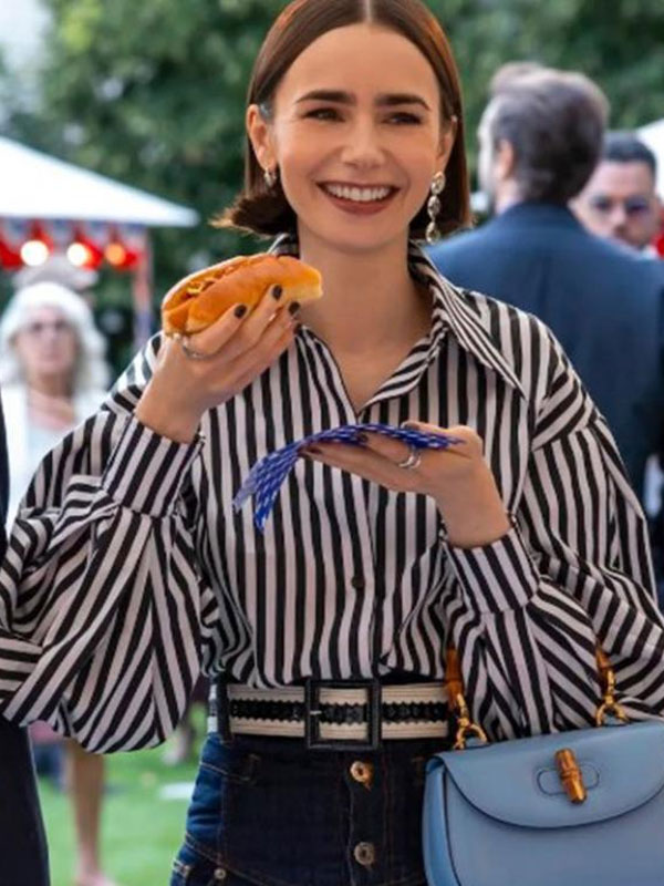 Emily-In-Paris-S05-Lily-Collins-Striped-Puff-Sleeve-Shirt.jpg Emily In Paris S05 Lily Collins Striped Puff Sleeve Shirt - Image 1