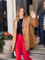 Maya Hawke Milan Fashion Week Brown Leather Coat New