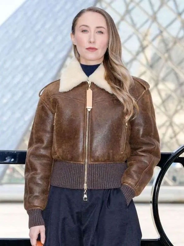 Erin Doherty PFW 2026 Shearling Brown Jacket New Erin Doherty PFW 2026 Shearling Brown Jacket
