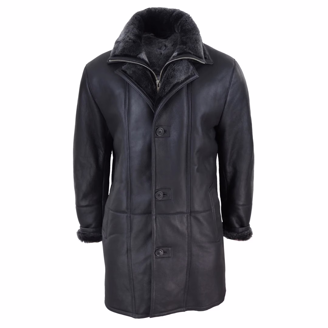 Mens-Shearling-Sheepskin-34-Length-Coat-1.avif Men's 3/4 Duffle Jacket Sheepskin Long Button Zip Warm - Image 1