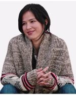 Yellowstone S05 Kelsey Asbille Grey Aztec Print Cardigan - Image 3