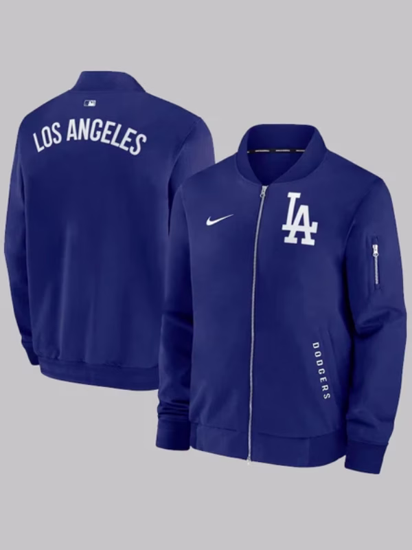 Nike-Dodgers-Dugout-Bomber-Jacket-Blue.avif Los Angeles Dodgers Dugout Bomber Jacket - Image 1