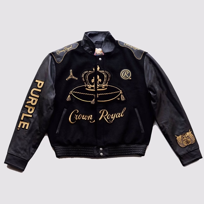 Purple-Brand-x-Crown-Royal-Jeff-Hamilton-Black-Varsity-Jacket.avif Crown Royal x Purple Brand Jeff Hamilton Varsity Jacket - Image 1