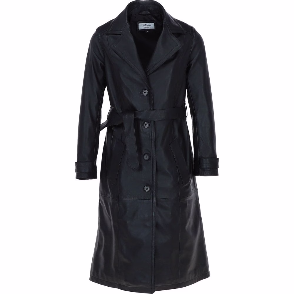 elegant-longline-womens-leather-trench-coat-with-waist-tie-black-awl-trench-p8800-30853_image.avif Black Casual Three Quarter Leather Trench Coat For Women - Image 1