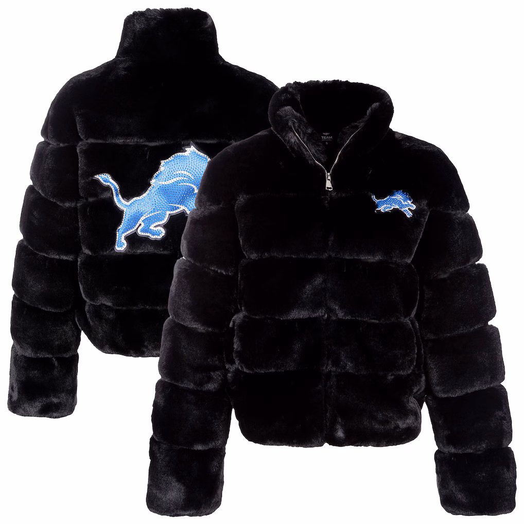 womens-cuce-black-detroit-lions-faux-fur-full-zip-coat.avif Women's Detroit Lions Cuce Black Faux Fur Full-Zip Coat - Image 1